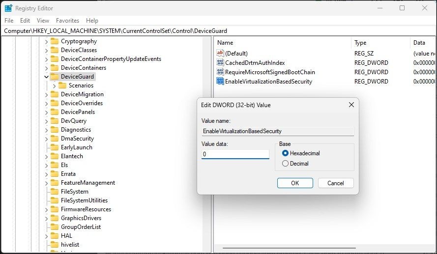 Thiết lập giá trị EnableVirtualizationBasedSecurity trong Registry Editor