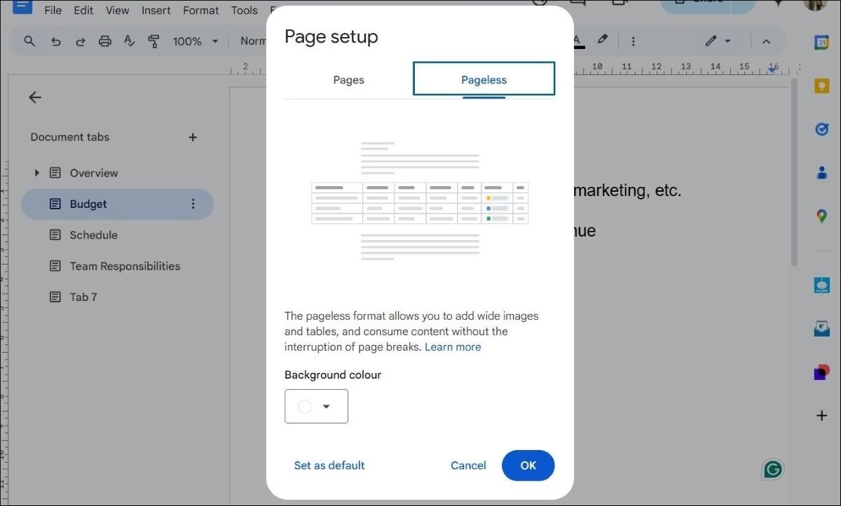 Thiết lập không trang trong tài liệu Google Docs