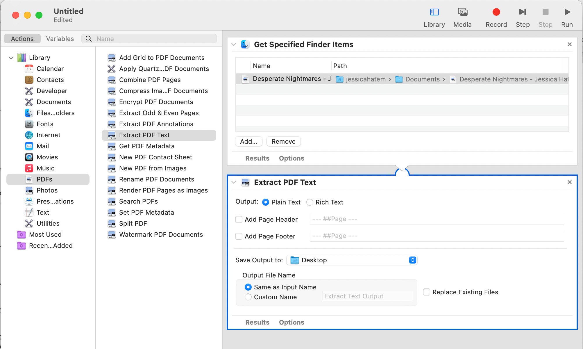 Thiết lập luồng công việc trong Automator để trích xuất văn bản từ PDF