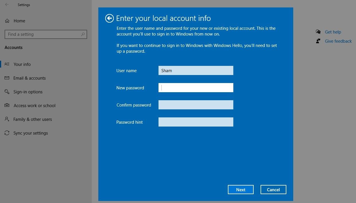 Thiết lập tài khoản cục bộ trong ứng dụng Cài đặt Windows 10