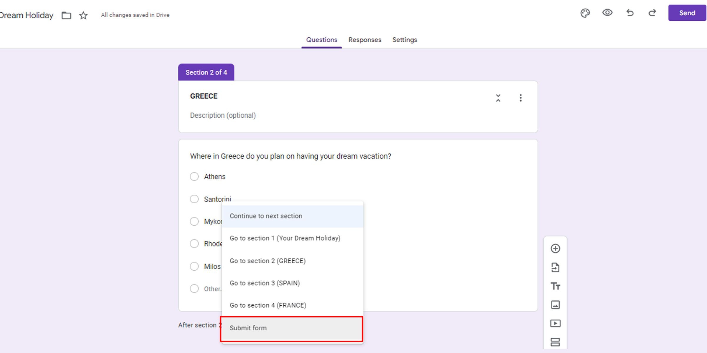 Thoát Google Forms qua nút Gửi