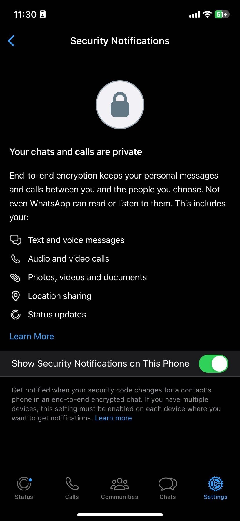 Thông báo bảo mật đã bật trên WhatsApp iOS