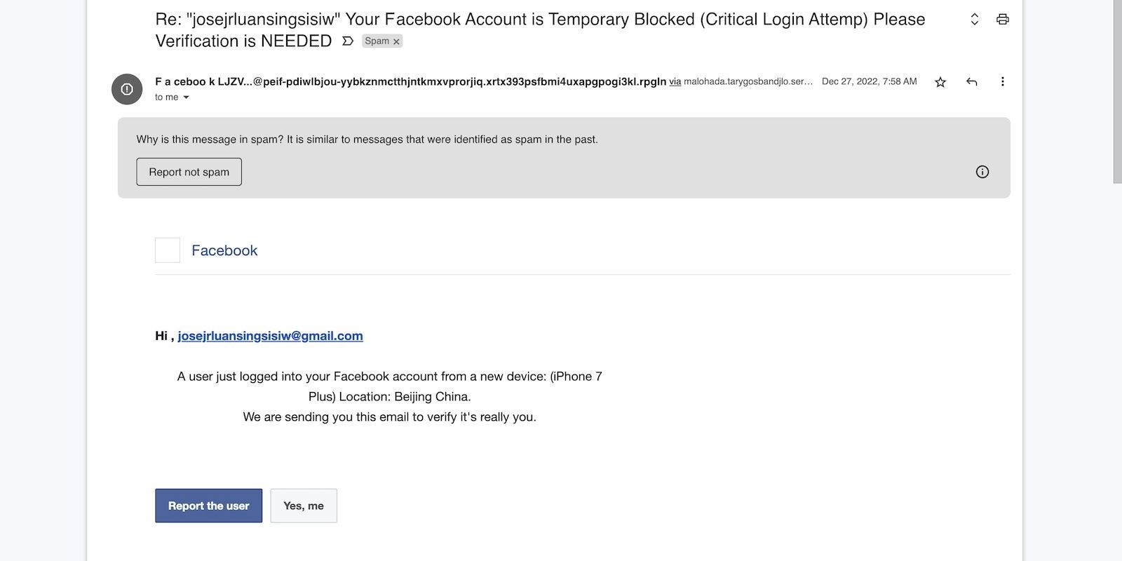 Thông báo cảnh báo hacking giả mạo từ Facebook