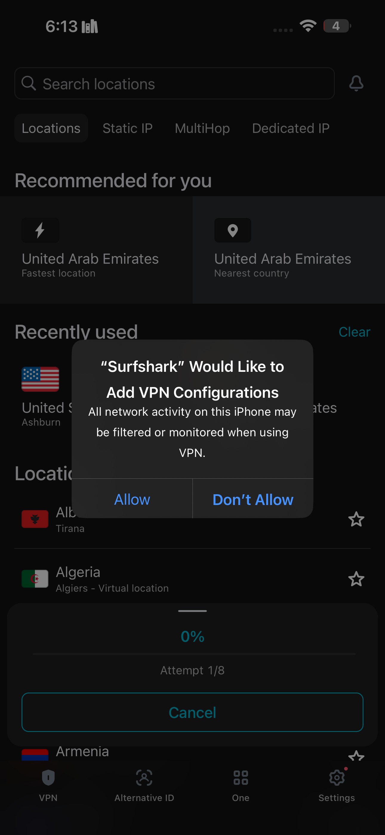 Thông báo của Surfshark yêu cầu thêm cấu hình VPN