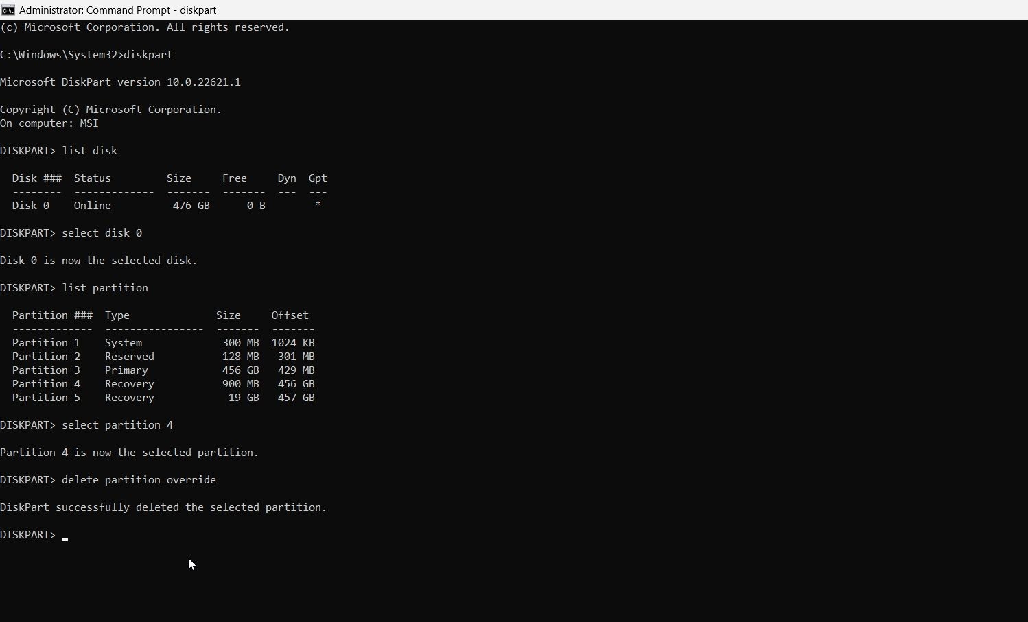 Thông báo DiskPart đã xóa thành công phân vùng đã chọn trong Command Prompt