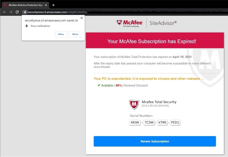 Thông báo giả mạo về việc gói dịch vụ hết hạn trên trang web đáng ngờ
