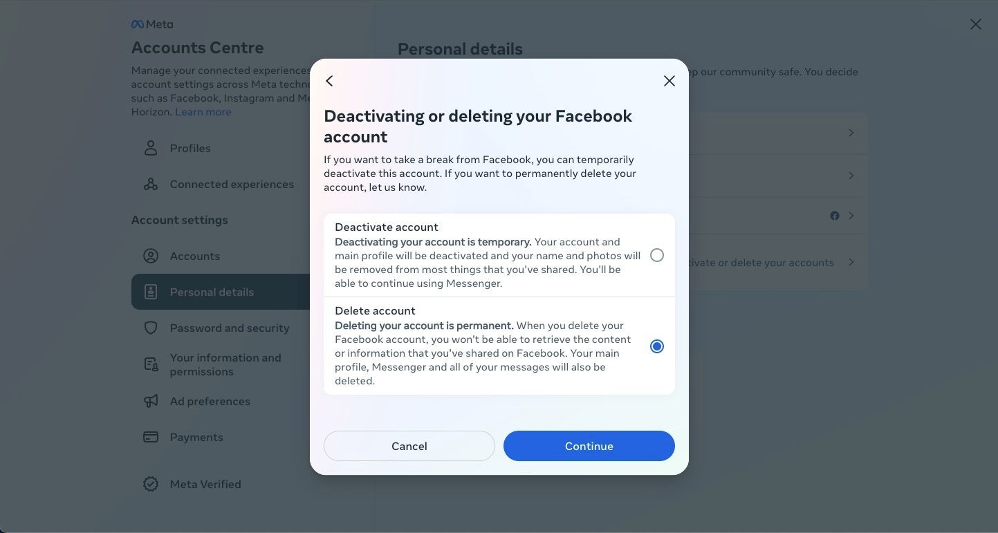 Thông báo tạm ngưng hoặc xóa tài khoản Facebook trên web