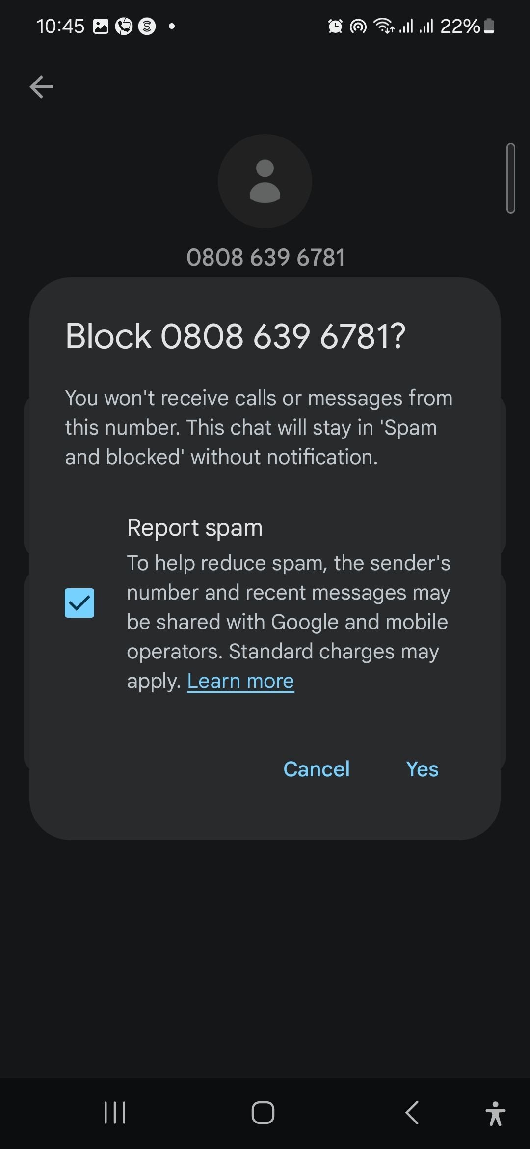 Thông báo xác nhận liệu số điện thoại có nên bị chặn và báo cáo là spam