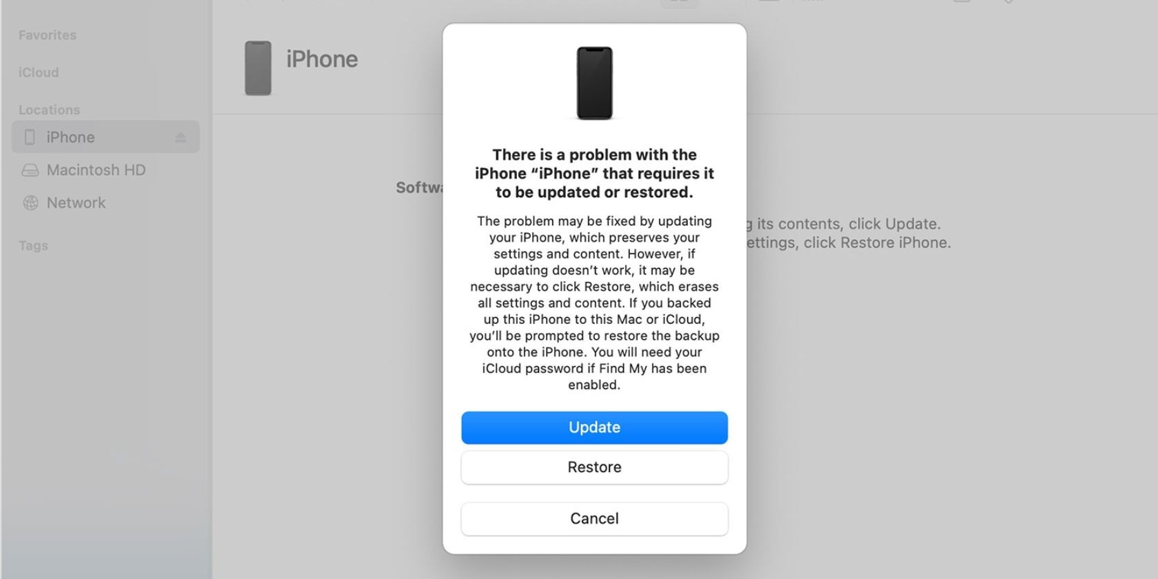 Thông báo xuất hiện khi máy Mac phát hiện iPhone trong chế độ khôi phục