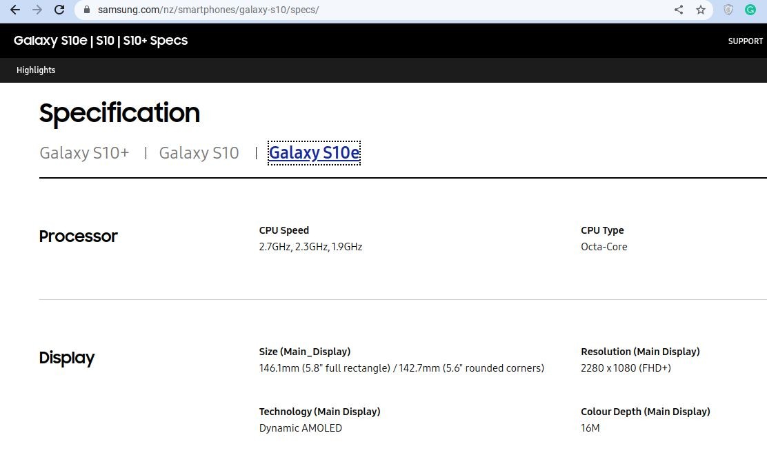 Thông số kỹ thuật Samsung S10e trên trang web của Samsung