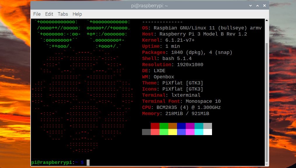 Thông tin hệ thống Neofetch trong cửa sổ terminal của Raspberry Pi