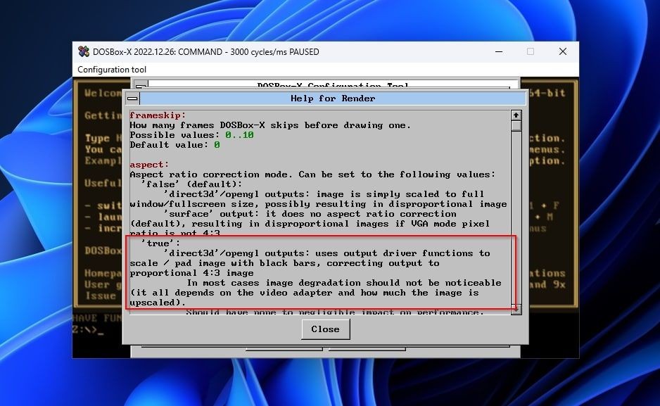 Thông tin Tỷ Lệ Khung Hình Trợ Giúp của Công cụ Cấu Hình DOSBox-X