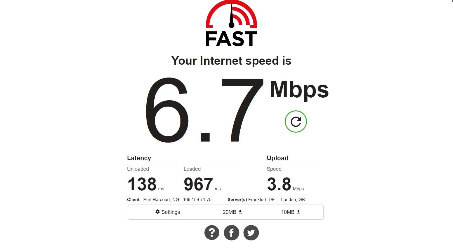 Thông tin về tốc độ internet hiển thị trên fast.com