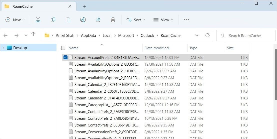 Thư mục RoamCache trong cửa sổ File Explorer