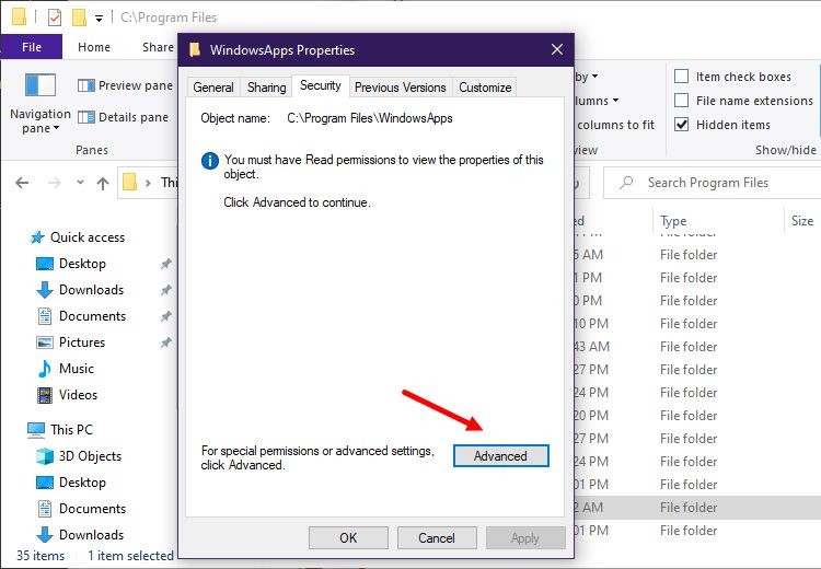 Thuộc tính bảo mật của WindowsApps