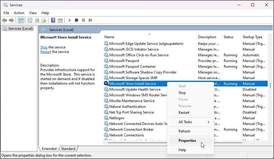 Thuộc tính của dịch vụ cài đặt Microsoft Store