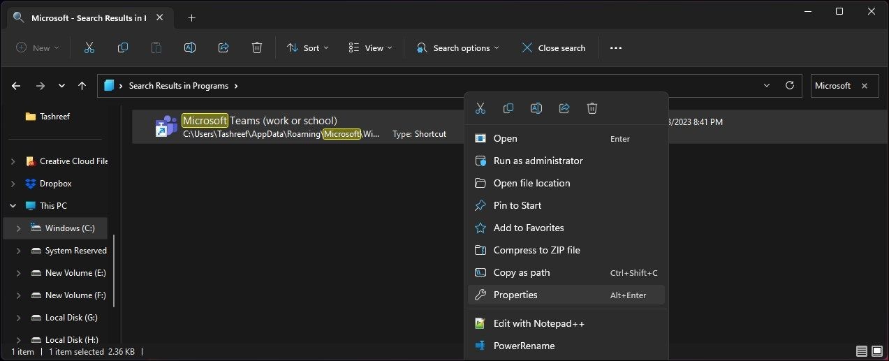 Thuộc tính lối tắt Microsoft Teams trên Windows 11