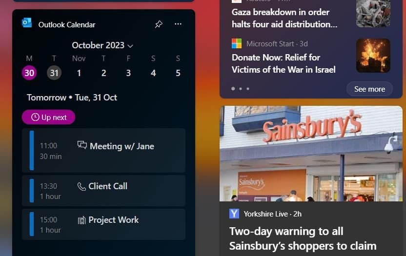 Tiện ích Lịch Outlook trên Windows 11
