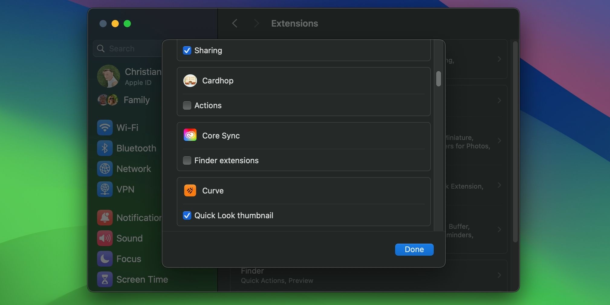 Tiện ích mở rộng Finder Adobe CoreSync bị vô hiệu hóa trong cài đặt hệ thống macOS