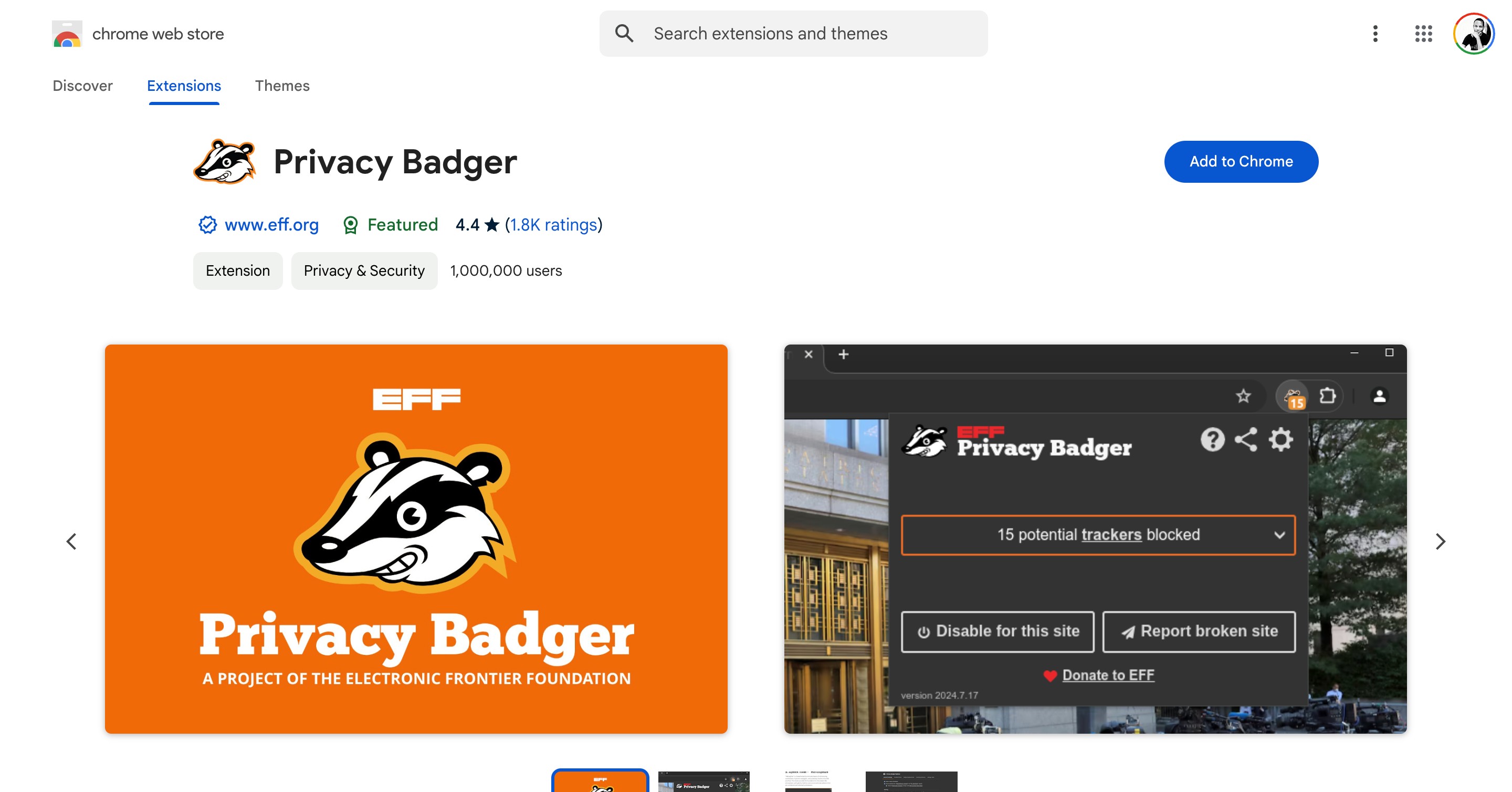 Tiện ích mở rộng Privacy Badger trong Chrome webstore
