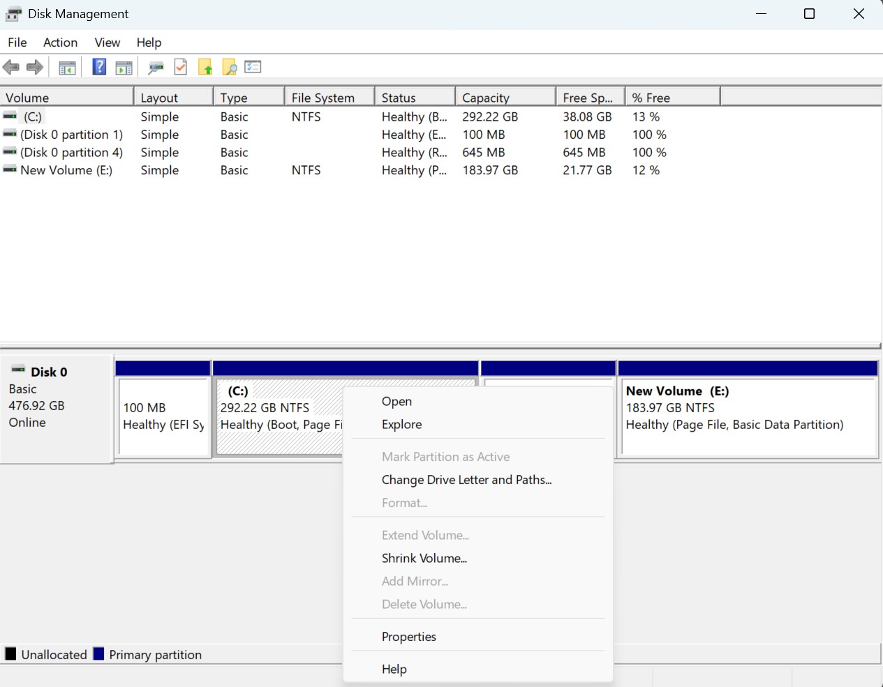 Tiện ích quản lý đĩa Windows 11 hiển thị các tùy chọn phân vùng