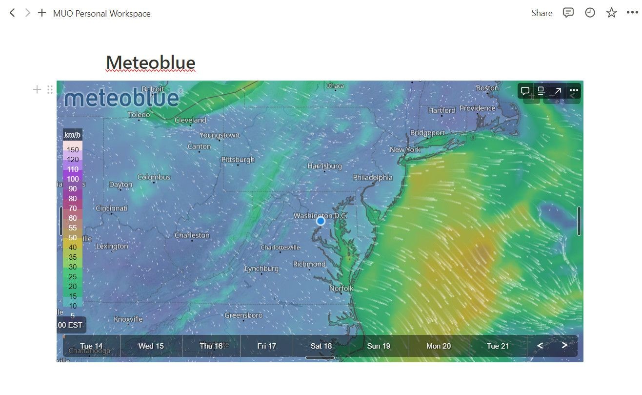 Tiện ích thời tiết Meteoblue trên Notion