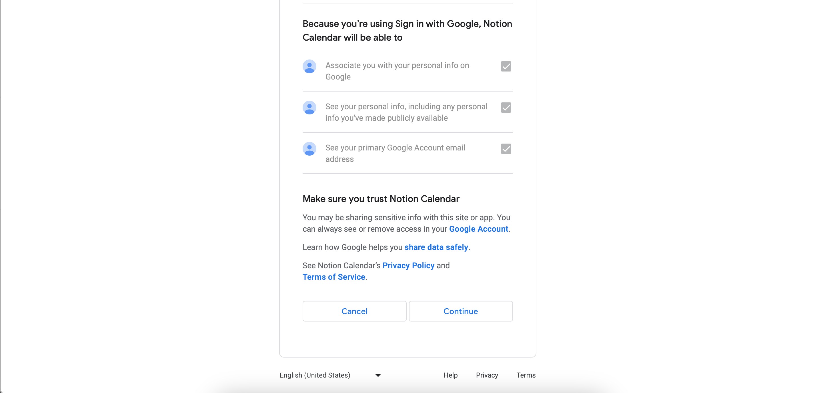Tiếp tục đăng nhập với Google để tích hợp lịch với Notion