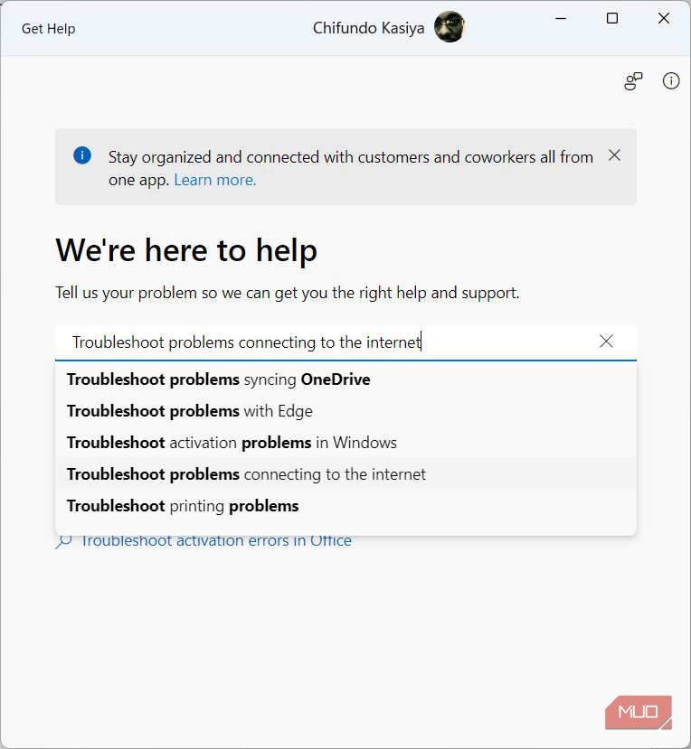 Tìm kiếm giúp đỡ trong ứng dụng Get Help trên Windows