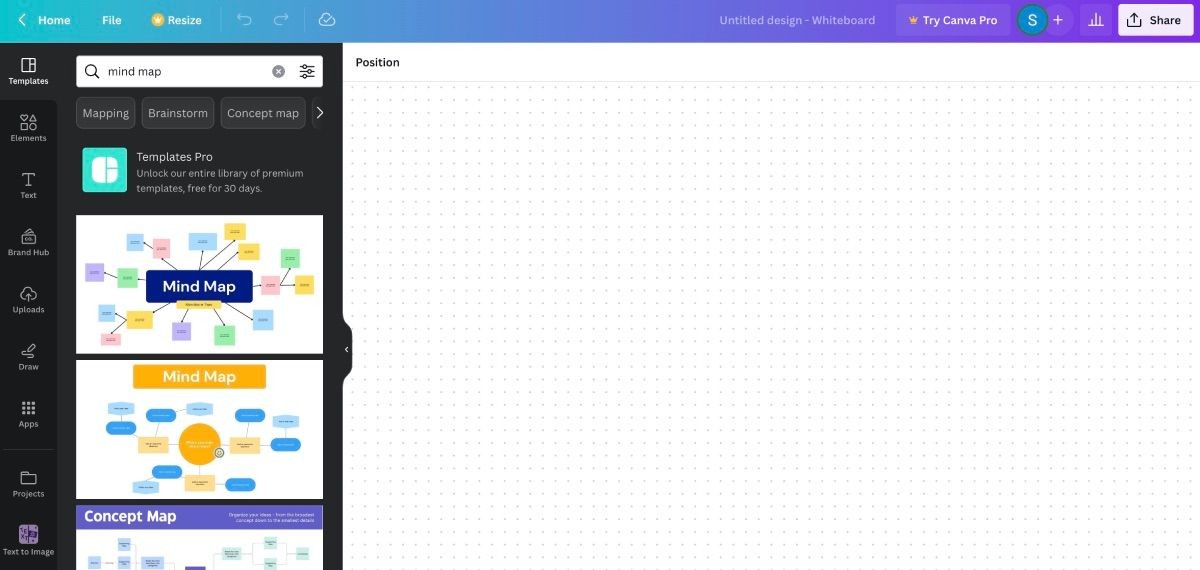 Tìm kiếm mind map trên Bảng Trắng của Canva