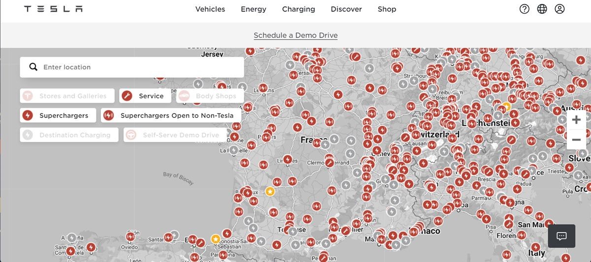 Tìm kiếm trạm sạc Tesla trên trang web của họ