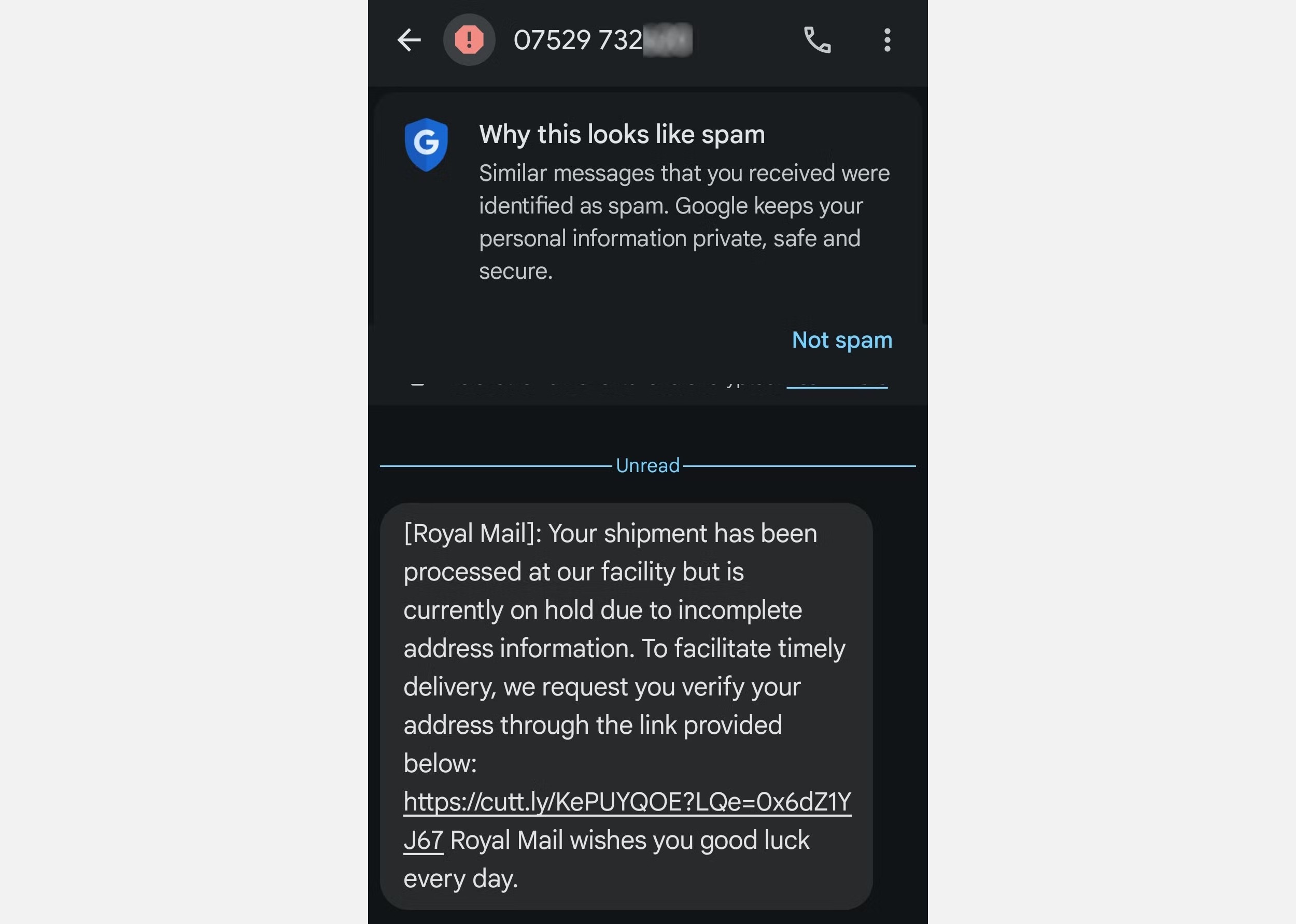 Tin nhắn smishing của Royal Mail UK trên điện thoại thông minh