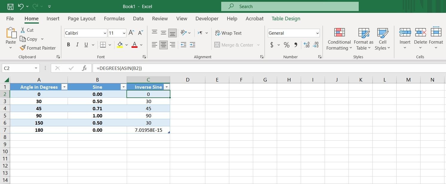 Tính toán sin nghịch đảo với ASIN trong Excel