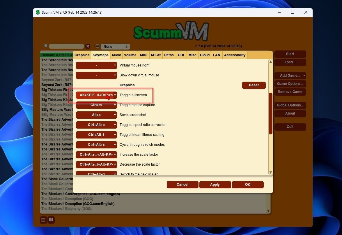 Tổ hợp phím chuyển đổi chế độ toàn màn hình trong ScummVM
