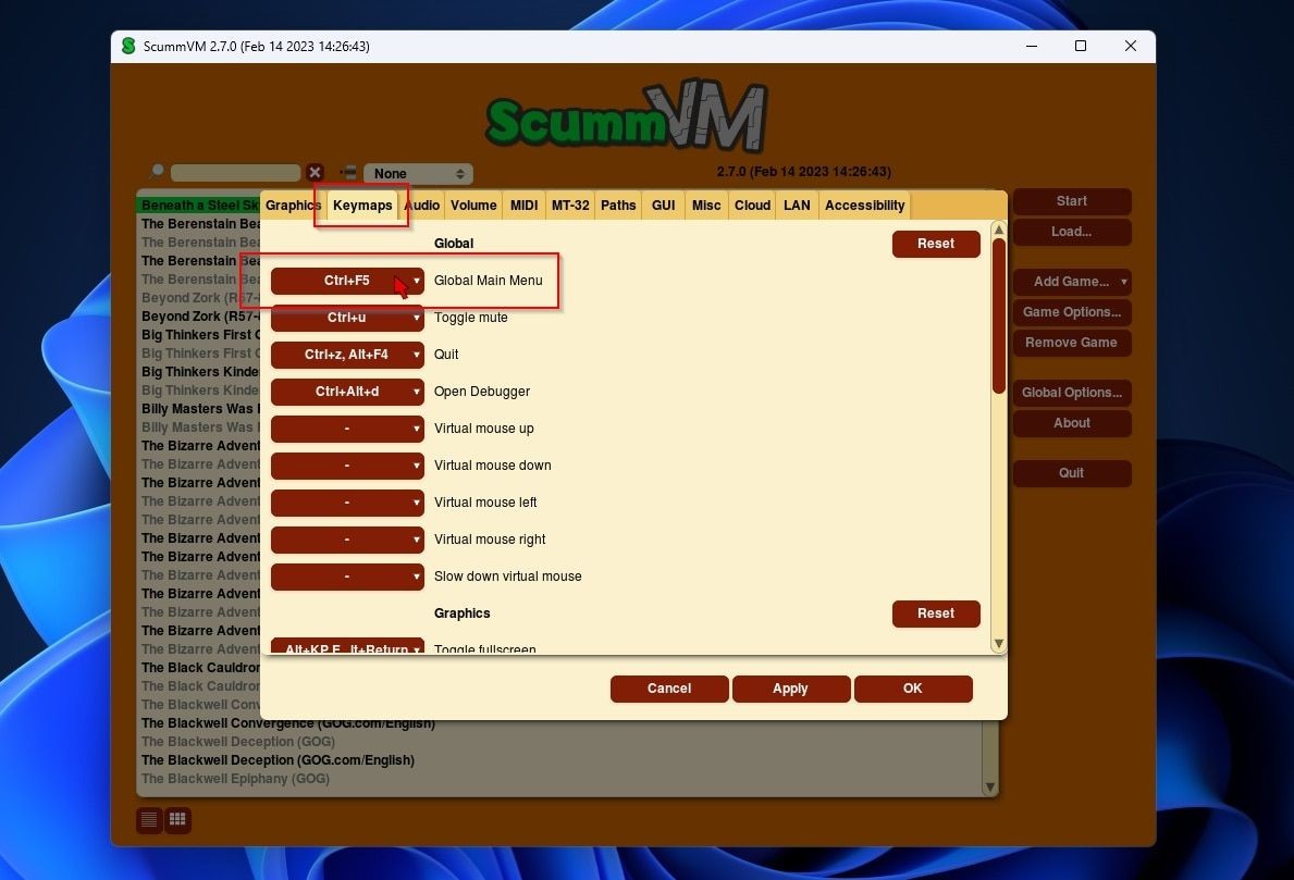 Tổ hợp phím menu chính toàn cục trong ScummVM