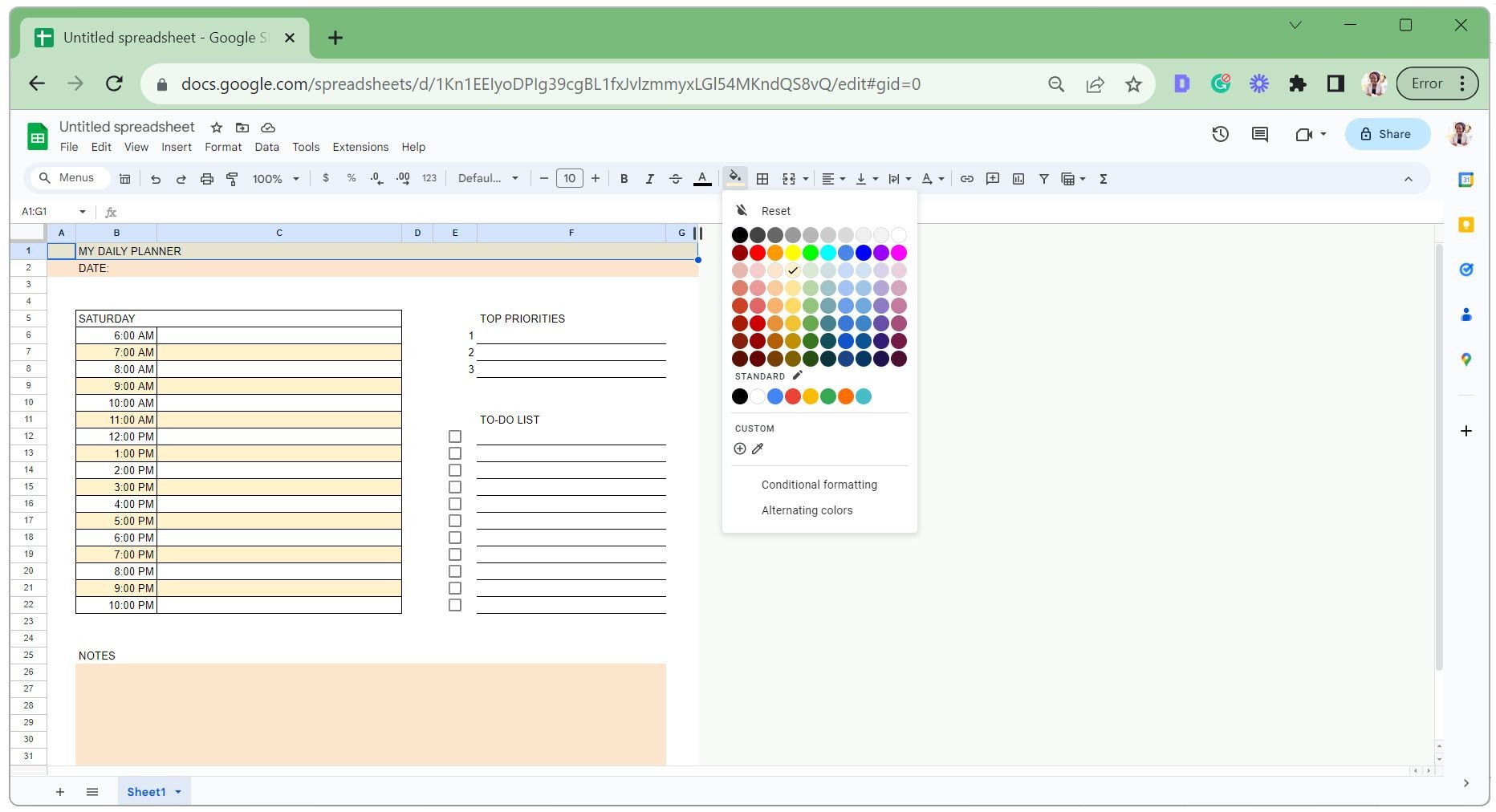 Tô màu các ô trong lịch trình số hóa Google Sheets