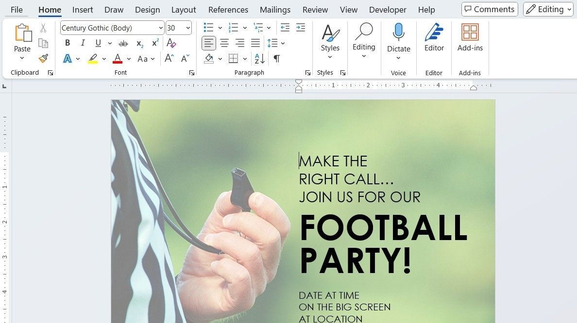 Tờ quảng cáo tiệc bóng đá trong Microsoft Word