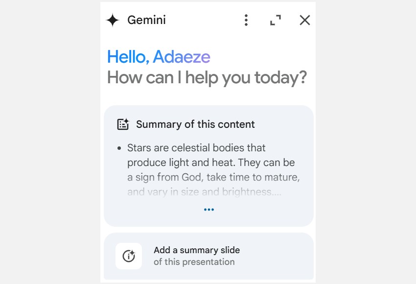Tóm tắt và lời nhắc thêm slide tóm tắt trong thanh Gemini trong Google Slides