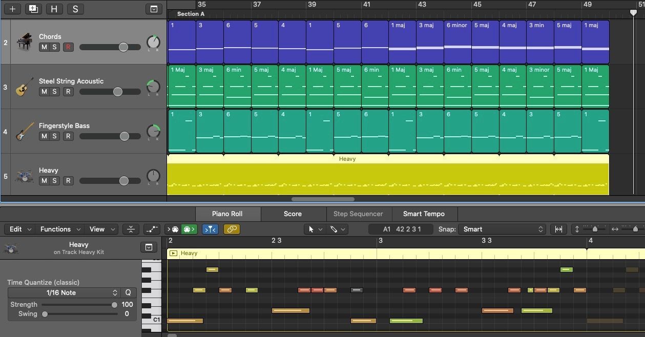 Track nhạc cụ 4 phần kết hợp với bộ chỉnh sửa MIDI của drum kit hiển thị giá trị velocity ngẫu nhiên