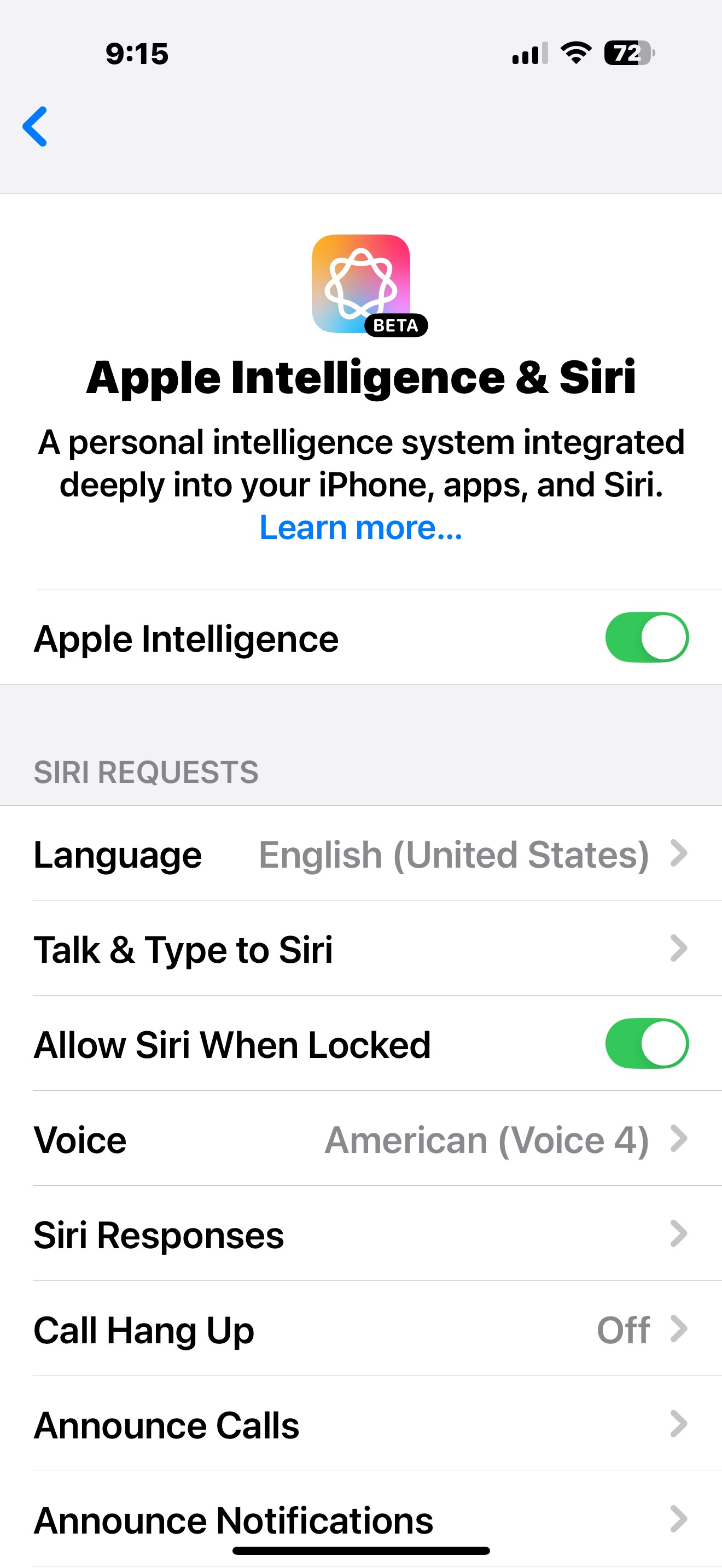 Trang Apple Intelligence và Siri cho phép bạn tắt các tính năng AI