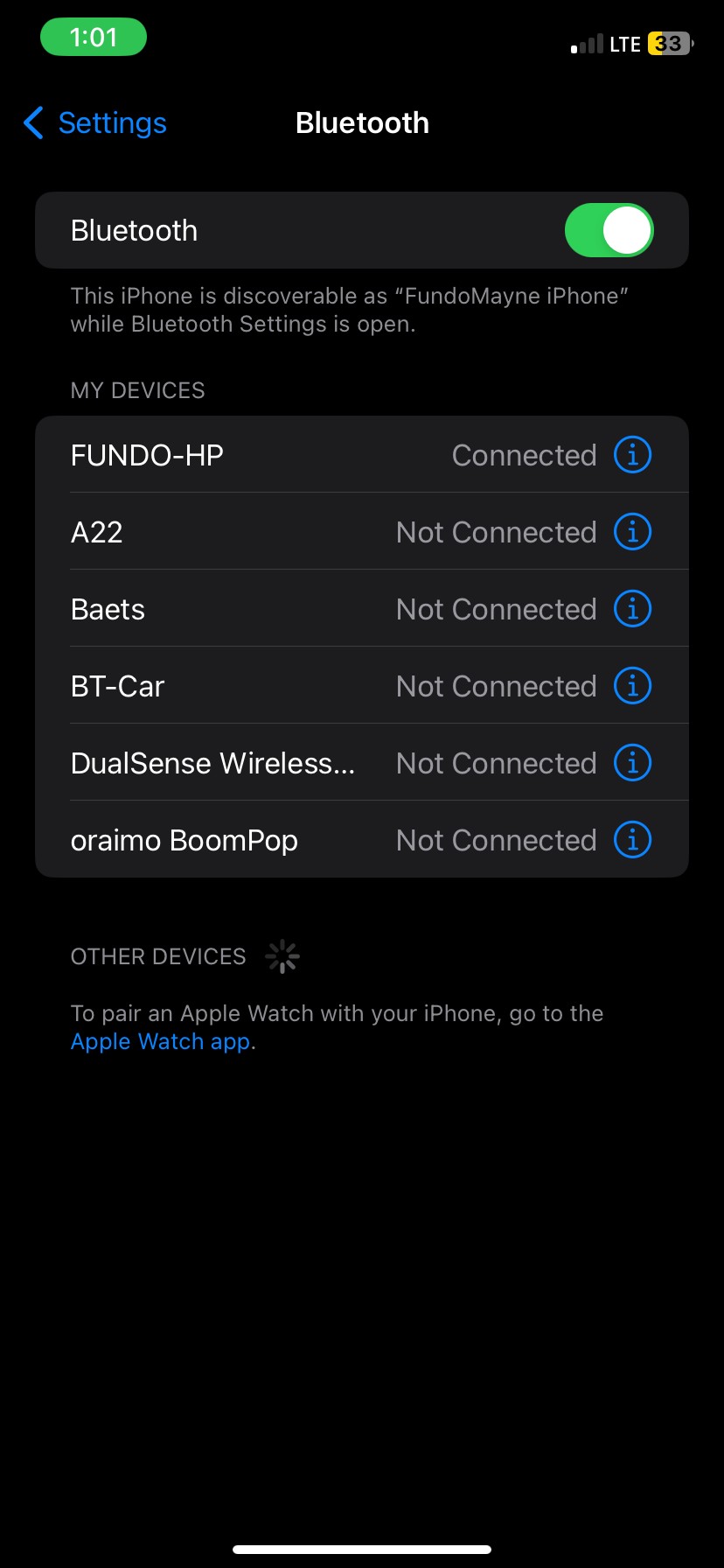 Trang cài đặt Bluetooth trên iPhone
