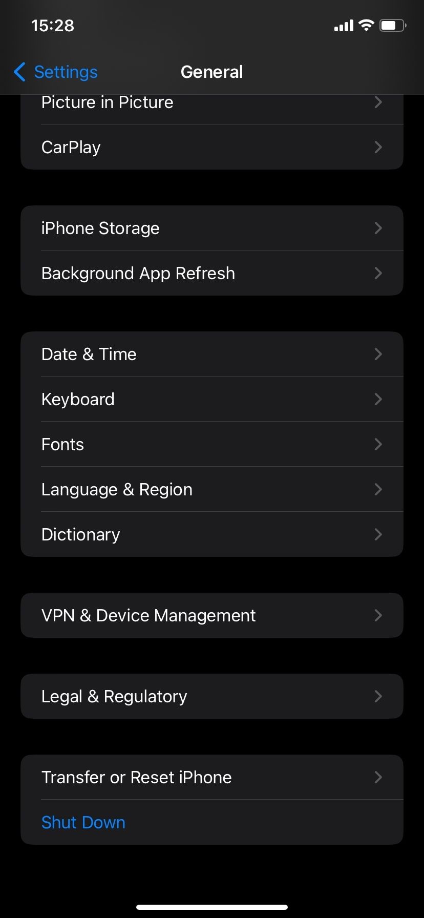 Trang Cài đặt Chung trên iOS