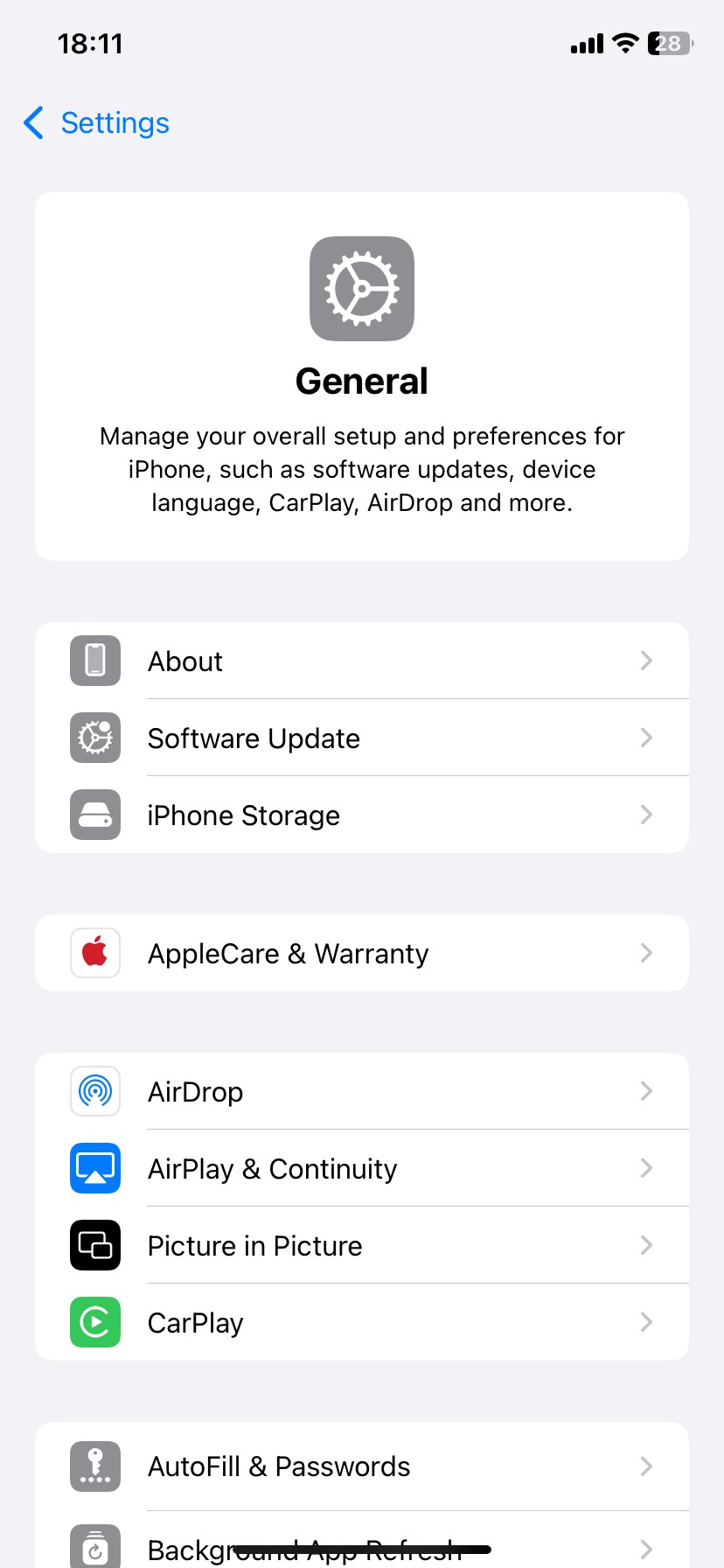 Trang cài đặt chung trên iPhone trong ứng dụng Cài đặt
