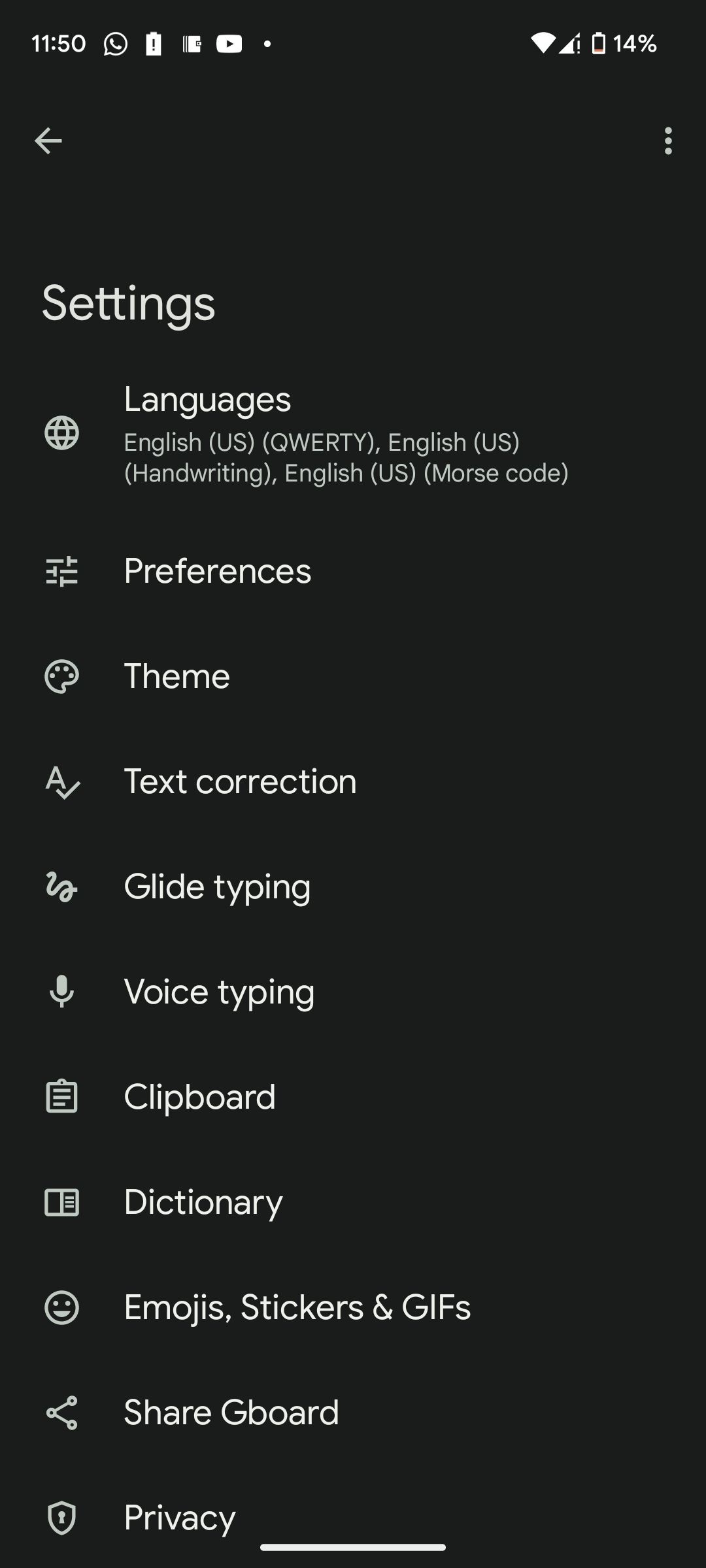 Trang cài đặt Gboard trên Android