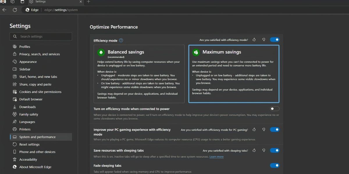 Trang cài đặt hiệu suất của trình duyệt Edge trên Windows 11