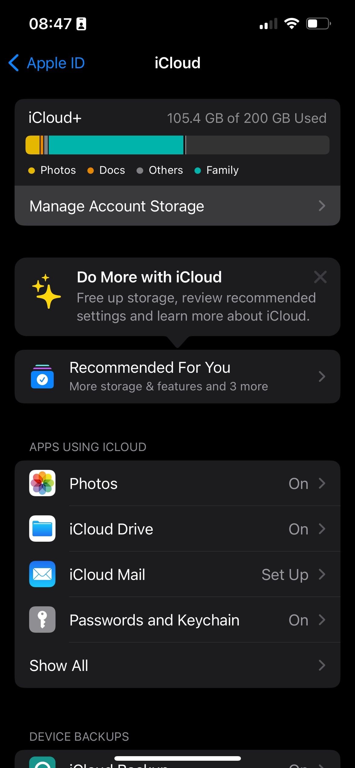 Trang cài đặt iCloud trong Settings trên iOS