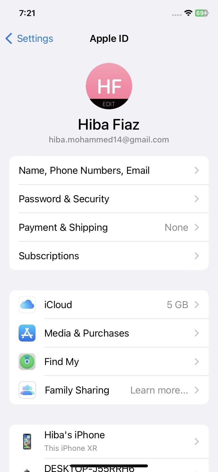 Trang cài đặt tài khoản Apple ID trên iPhone