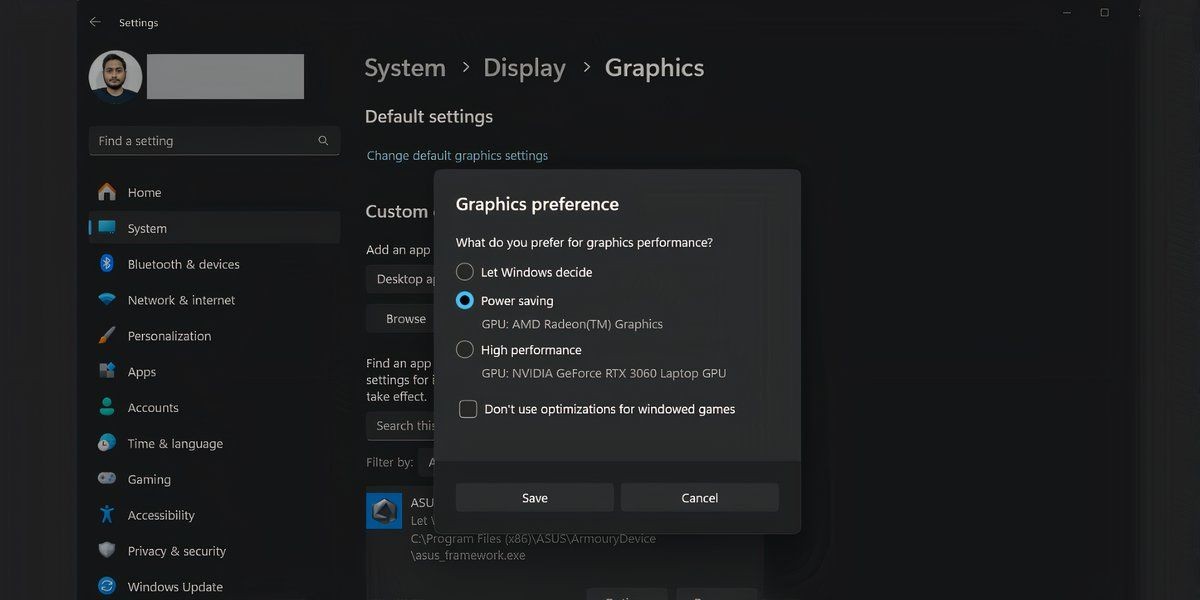 Trang cài đặt Windows 11 hiển thị tùy chọn đồ họa