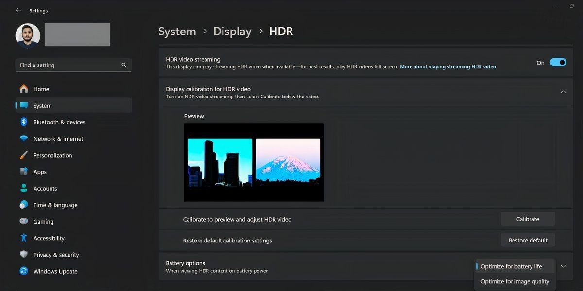 Trang cài đặt Windows 11 hiển thị tùy chọn phát trực tuyến HDR