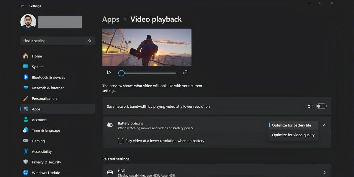 Trang cài đặt Windows 11 hiển thị tùy chọn phát video