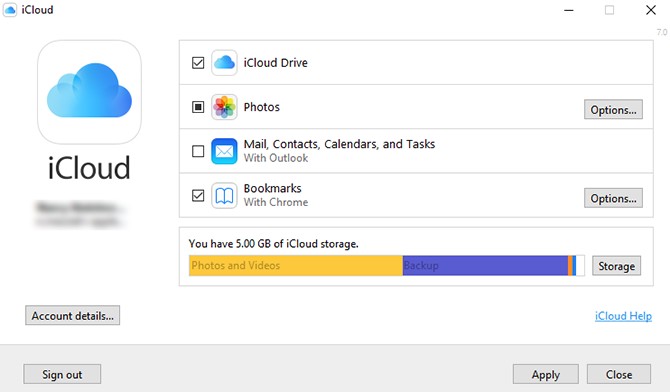 Trang chính của iCloud cho Windows